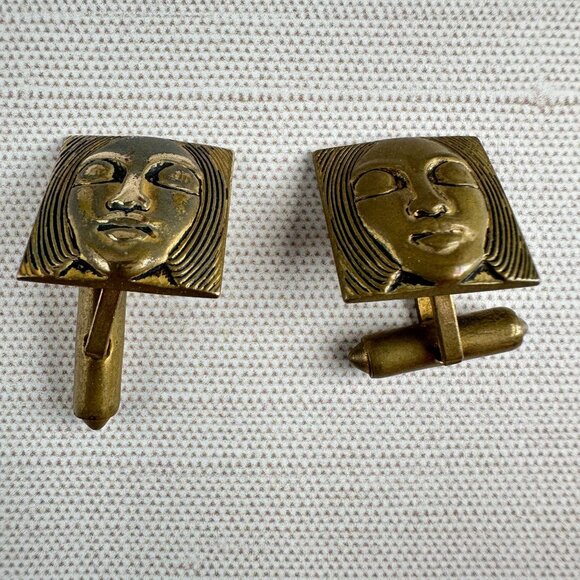 1960s Artisan Brass Face Cufflinks Brutalist Style - Picture 6 of 7